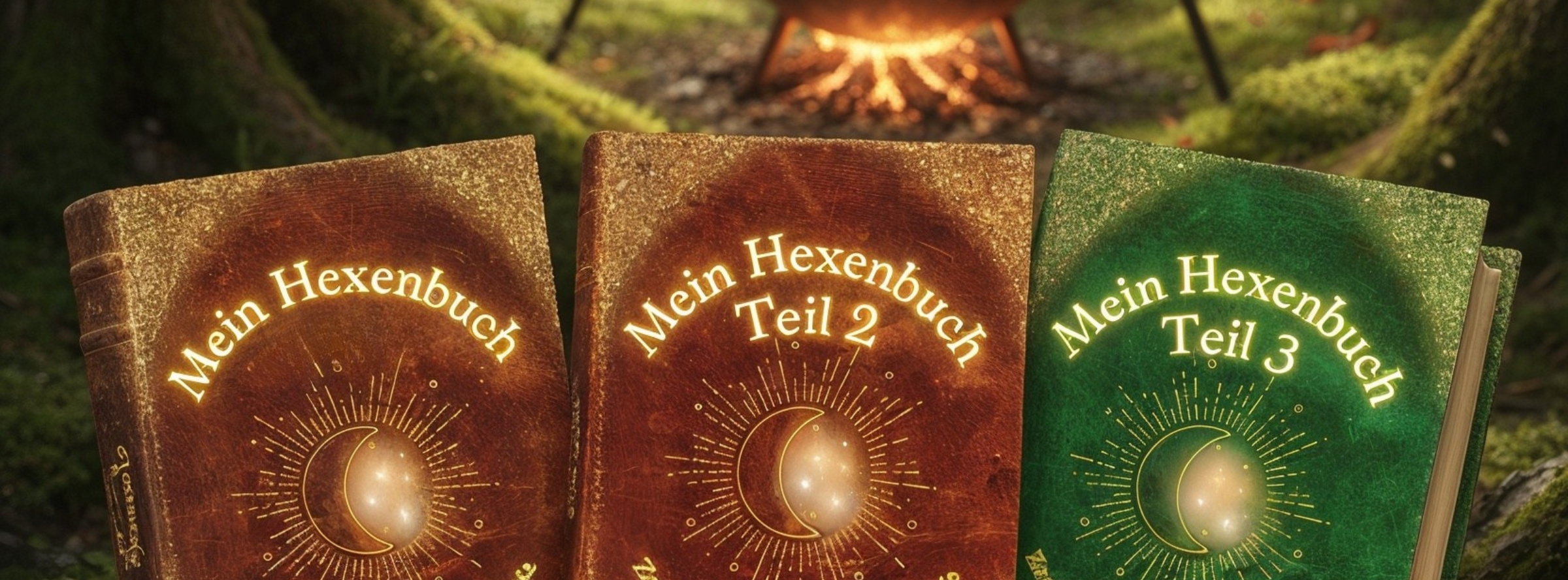 Hexenbücher im Wald vor einem Kessel